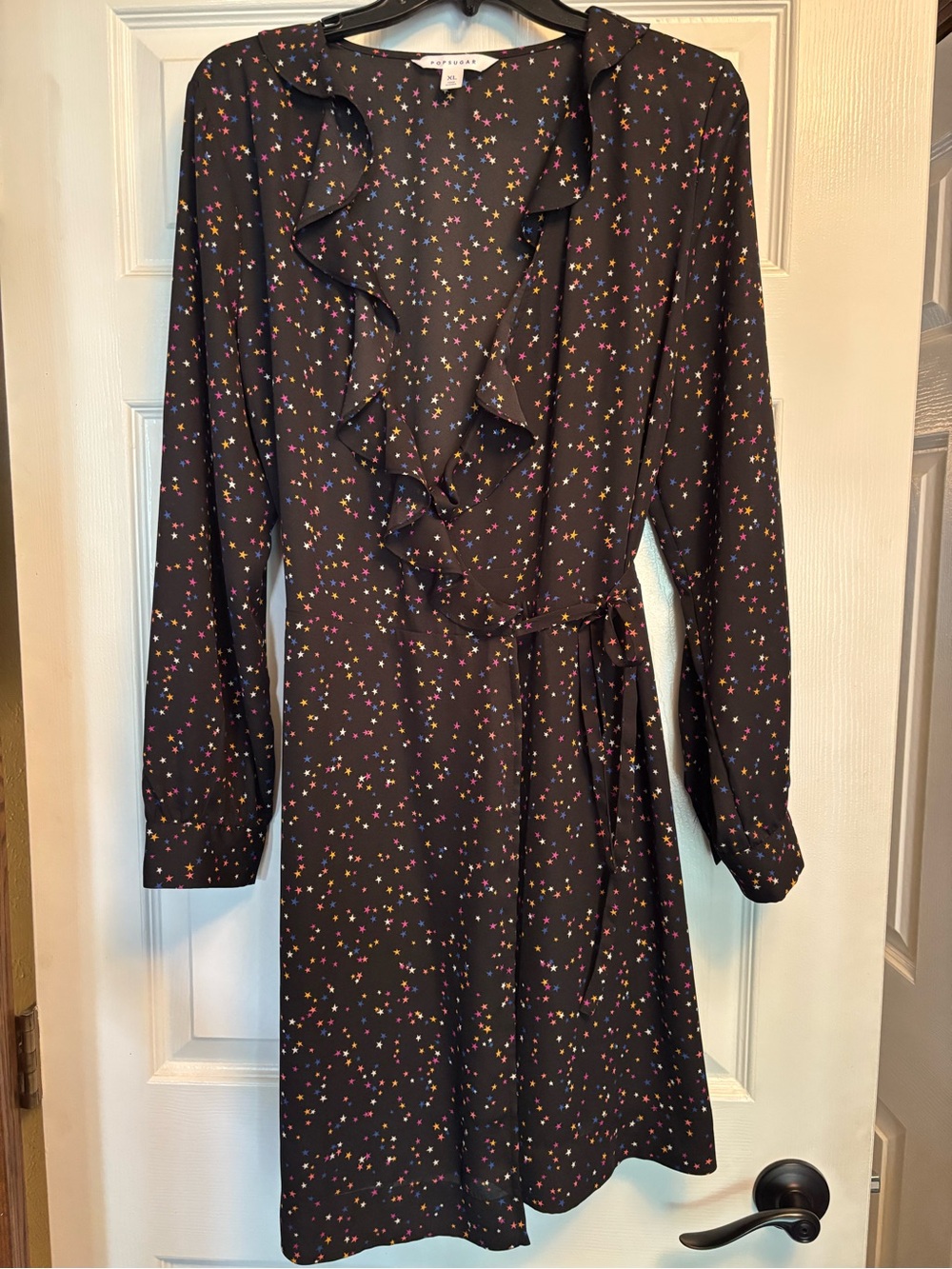 Popsugar Black Ruffle Wrap Dress with Multicolor Star Print XL